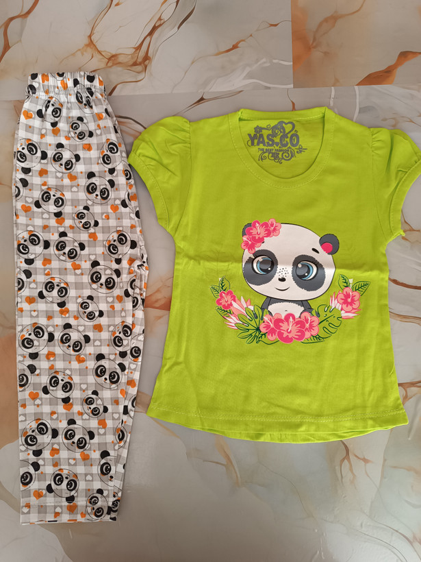 ست راحتی تیشرت شلوار رنگ پستهای طرح پاندا
